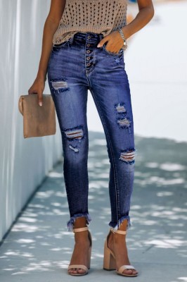 T383-444 Skinny Jeans cu talie inalta, tiv si taieturi decorative foto