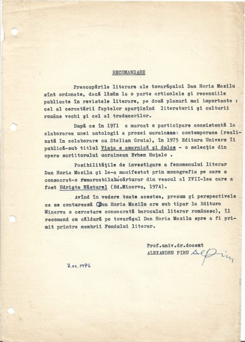 A3480N Alexandru Piru, semnătura olografă, 1976