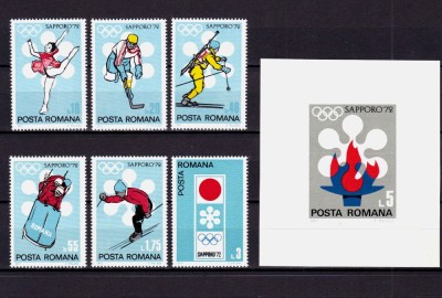 ✅ RO 1971 ,LP 778 + 779 ,&amp;quot; J.O. de Iarna Sapporo &amp;quot; , serie + colita ned. ,MNH foto