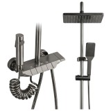 Set duș cu coloană și 4 funcții, cap de ploaie 24,9 &times; 14,9 cm, pulverizator bideu, gri grafit