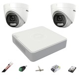 Sistem supraveghere 2 camere Hikvision 5MP 2.8mm ColorVU, lumina alba 20m, DVR 4 canale, accesorii, hard disk 500GB