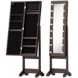 HOMCOM Dulap pentru bijuterii, dulap de depozitare pe picior, cutie pentru bijuterii cu oglindă, multiple spații de depozitare, iluminare LED, maro &icirc;n