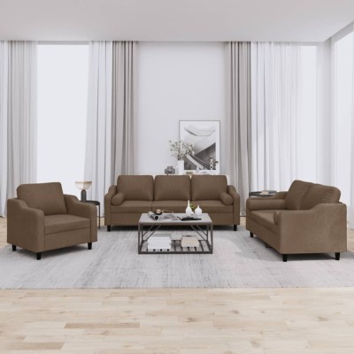vidaXL Set de canapele cu perne, 3 piese, maro, textil foto