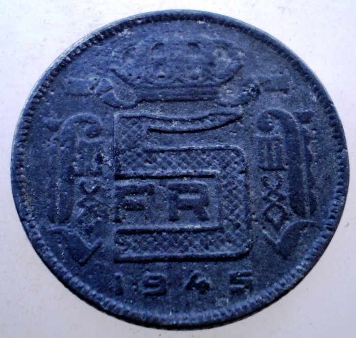 2.211 BELGIA WWII LEOPOLD III 5 FRANCS FRANCI 1945 DES BELGES