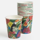 Pahare de petrecere din h&acirc;rtie, 240 ml, set 12 buc, verde cu model tropical, CMCLASS