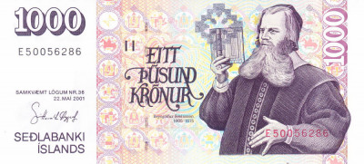 Bancnota Islanda 1.000 Kronur 2001 (2009) - P59 UNC foto