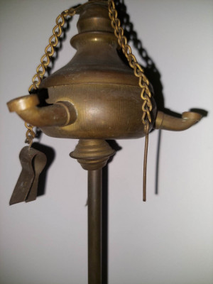 Lampa veche decor,opait antic cu 3 orificii bronz-alama-metal si accesorii foto