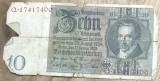 BNKSTR02DE Bancnotă Germania 10 Reichsmark 1929, Serie Roșie, Stare G-VG (Destul de Uzată, Margini Rupte și Colțuri Lipsă)
