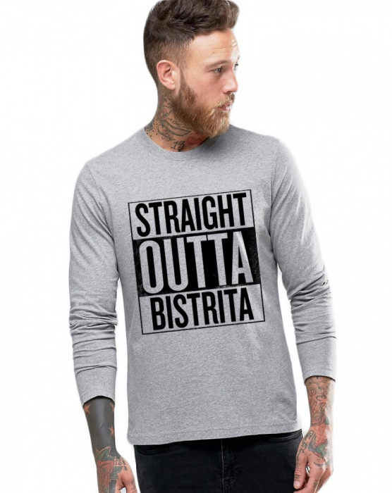 Bluza barbati gri cu text negru - Straight Outta Bistrita - XL