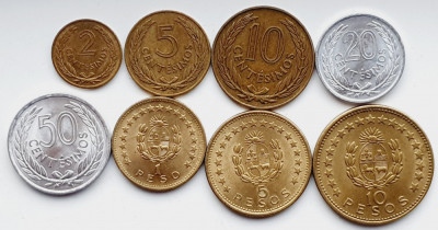 Set 8 monede Uruguay 2, 5, 10, 20, 50 centimos 1, 5, 10 pesos 1960 1965 UNC A028 foto