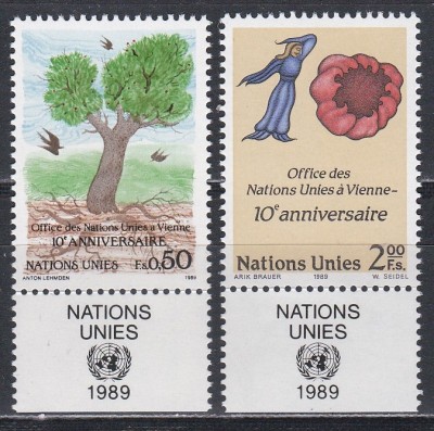 Natiunile Unite Geneva 1989 - A 10-a aniversare a Oficiului ONU la Viena, Serie cu Tabs, MNH foto