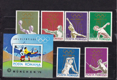 ROMANIA 1972 LP 797 LP 798 OLIMPIADA MUNCHEN SERIE+COLITA DANTELATA MNH foto