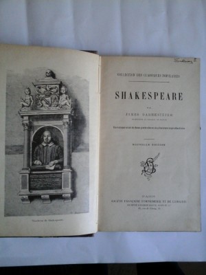 SHAKESPEARE - par JAMES DARMESTETER Un volume orne de deux portraits - Paris foto