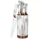 Set cutite din inox cu suport, 6 elemente, alb cu model maro, Kinghoff