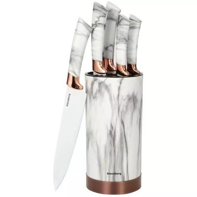 Set cutite din inox cu suport, 6 elemente, alb cu model maro, Kinghoff foto
