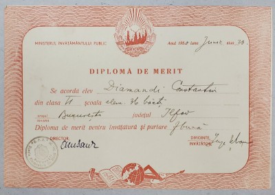 DIPLOMA DE MERIT EMISA DE SCOALA ELEM. 36 BAIETI , 23 IUNIE , 1950 foto