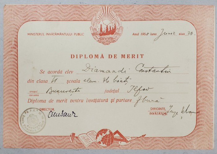 DIPLOMA DE MERIT EMISA DE SCOALA ELEM. 36 BAIETI , 23 IUNIE , 1950