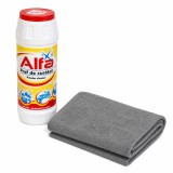 Cumpara ieftin Set pentru curatare baie si bucatarie, laveta absorbanta din microfibra 20 x 30 cm, gri + praf de curatat Alfa 500 g, pentru indepartarea grasimii, pe