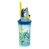 Pahar cu Pai, Bluey 3D, Capacitate 360ml, Albastru Translucid, Plastic, Oem