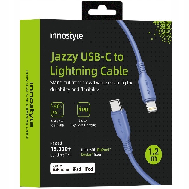 Innostyle Jazzy Jazzy Usb-C Lightning Mfi Cablu De &Icirc;ncărcare Rapidă Pentru Iphone Kevlar 1M Albastru