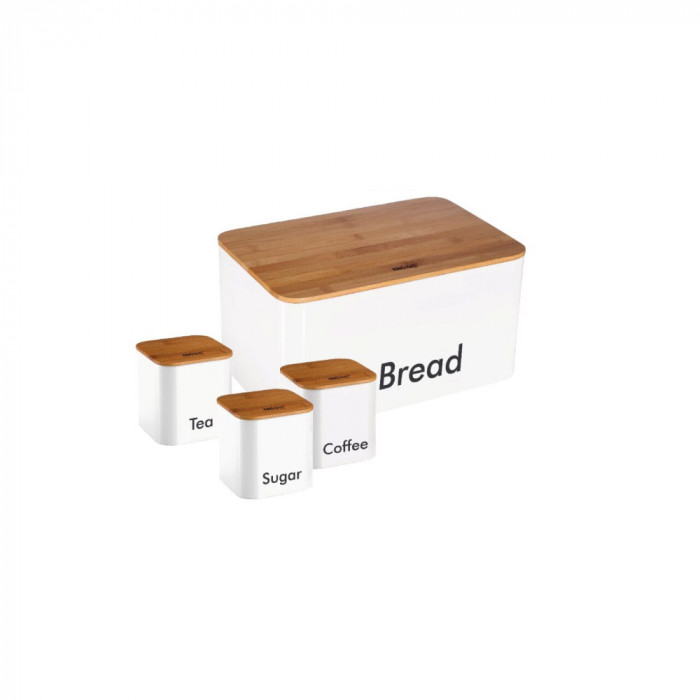Cutie pentru paine si 3 recipiente, otel, 11,5x11,5x12,3 cm alba Kinghoff