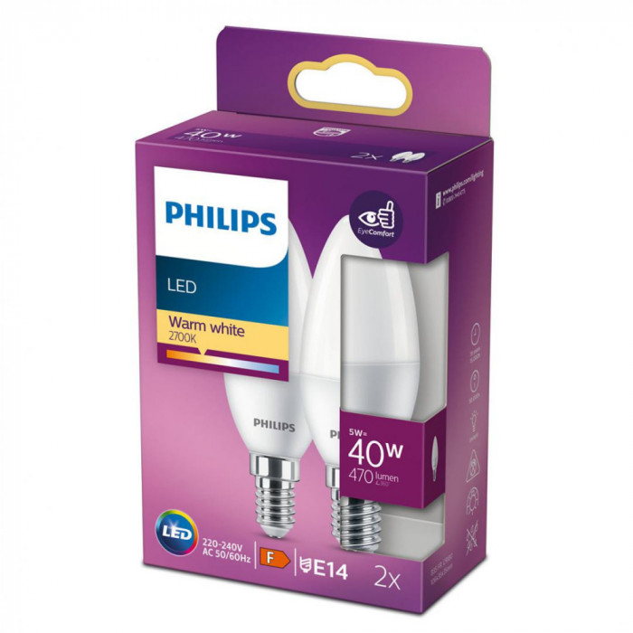2 Becuri LED Philips B35, EyeComfort, E14, 5W (40W), 407 lm, luminacalda