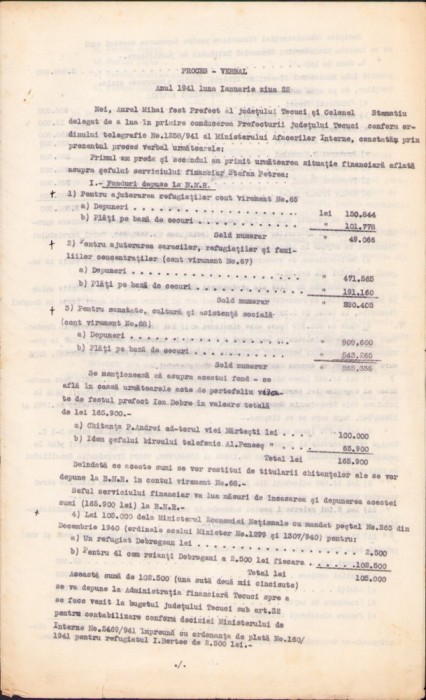 A2713N Proces verbal de predare a finanțelor județului Tecuci, 1941, semnat olograf de fostul prefect, colonel Aurel Mihai și noul prefect