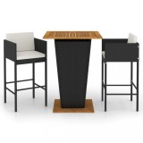 Set mobilier bar de gradina cu perne, 3 piese, negru, poliratan