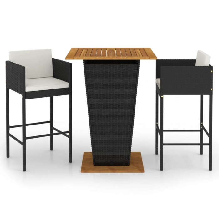 Set mobilier bar de gradina cu perne, 3 piese, negru, poliratan