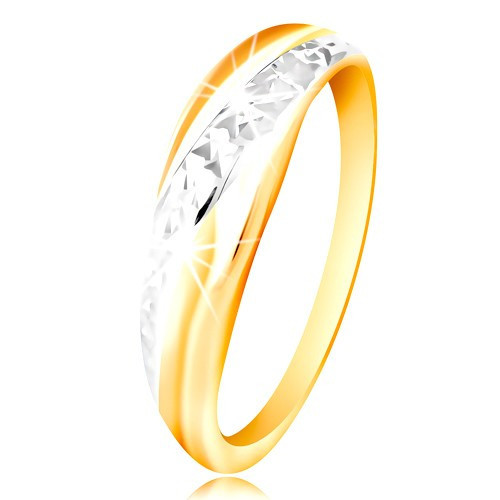Inel din aur 585 - linie din aur alb și galben, suprafață strălucitoare  tăiată - Marime inel: 48 | Okazii.ro