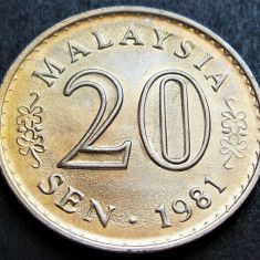 Moneda exotica 20 SEN - MALAEZIA, anul 1981 *cod 2483 = UNC!