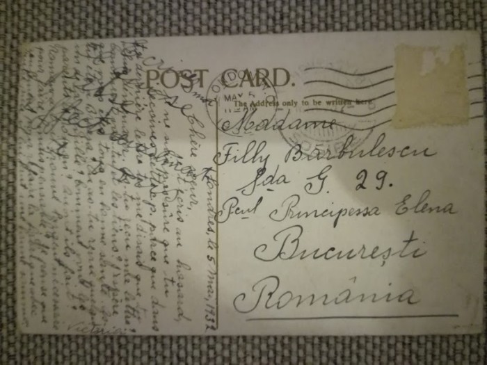 CP 1932 către Filly Bărbulescu, soția lui B&#039;ARG, de la sora, Londra - Bucuresti