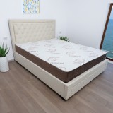 Cumpara ieftin Set pat matrimonial cu sertar Austin, elemente lemn masiv, tapitat cu stofa, cu somiera, crem si saltea ortopedica Optima Bamboo, arcuri, margine anti