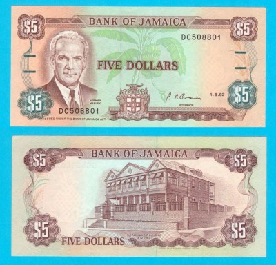 Jamaica (p#70) 5 Dollars 1992 aUNC+ &amp;#039;Cu bare orizontale&amp;#039; serie: DC508801 foto