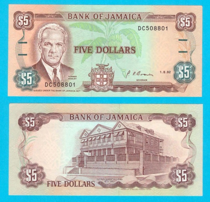 Jamaica (p#70) 5 Dollars 1992 aUNC+ &#039;Cu bare orizontale&#039; serie: DC508801