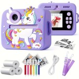 Camera copii cu imprimanta, 48MP, Unicorn, video, foto, USB, pachet cadou