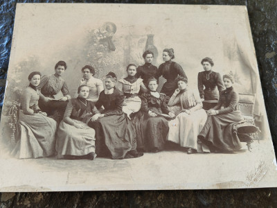 Fotografie cca 1900, Grup de tinere la Pension, Sibiu, Hermanstadt, 15x20 cm foto