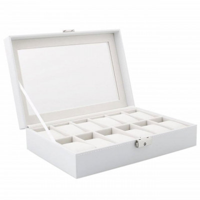 Cutie caseta eleganta depozitare cu compartimente pentru 12 ceasuri, model Pufo Premium cu cheita, alb foto