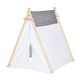 Cumpara ieftin HOMCOM Cort Teepee Indian pentru Copii 3-6 Ani, Spațiu de Joacă Interior/Exterior cu Ușă și Fereastră, 130x111x136cm, Gri și Alb | Aosom Romania