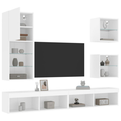 Unitati de perete TV cu LED-uri, 5 piese, alb, lemn prelucrat GartenMobel Dekor foto