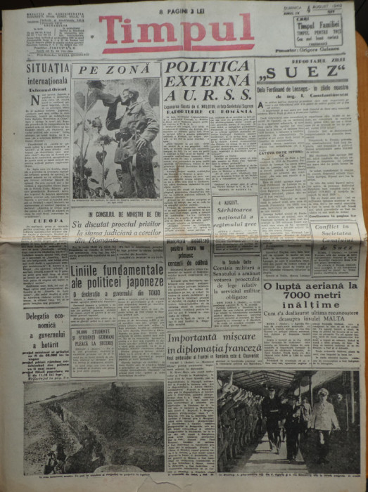 Ziarul Timpul, 4 august 1940, fondator Grigore Gafencu