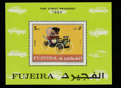 Fujeira 1971-Transporturi,Auto,1892-Primul Peugeot,colita dant.MNH,Mi.39A foto