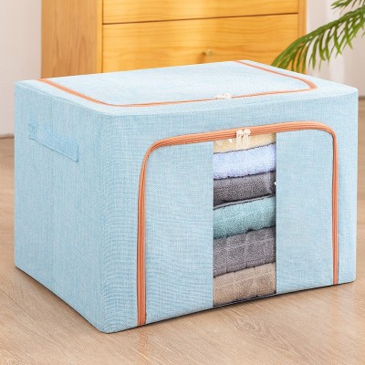 Cutie de depozitare pliabil&amp;Auml;, 24l, bumbac &amp;amp; in, 40x30x20 cm, fermoar bidirec&amp;Egrave;ional, fereastr&amp;Auml; frontal&amp;Auml;, cadru metalic, baz&amp;Auml; stabil&amp;Auml;, bleu foto