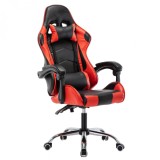 Scaun gaming, ergonomic, cu cadru de otel, din piele sintetica, negru cu rosu