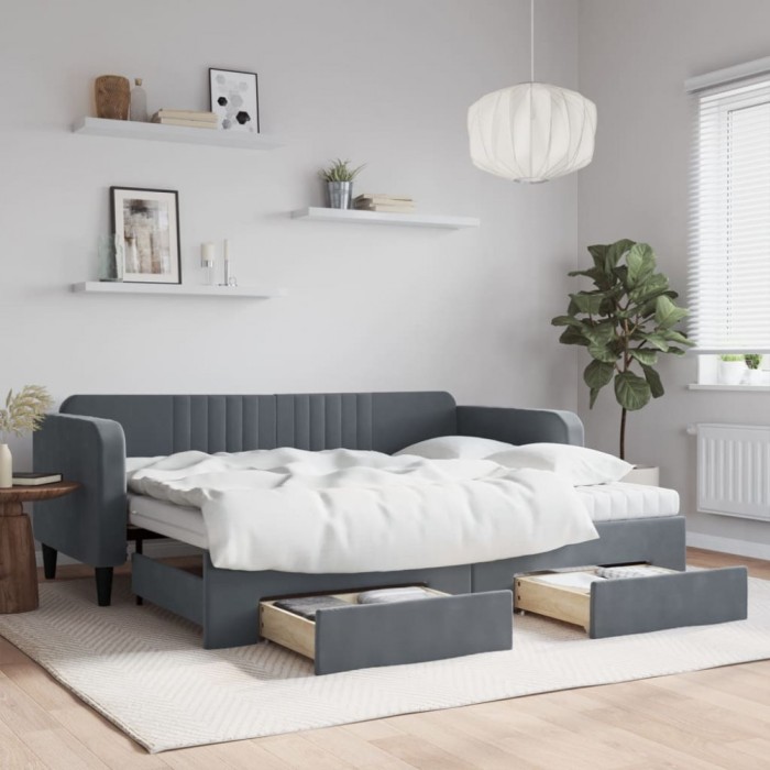 vidaXL Pat de zi cu extensie și sertare gri &icirc;nchis 90x200 cm catifea 3197136