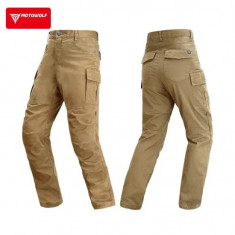 Pantaloni moto cu protectii certificate CE, protectii incluse ajustabile si detasabile, buzunare multiple, Maro
