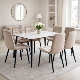 Cumpara ieftin Set masa living Lineo FDT1, blat ceramica, structura metalica, 140x80x75 cm, alb maro si 6 scaune Rizea FDC4, tapiterie catifea, 90 kg, bej