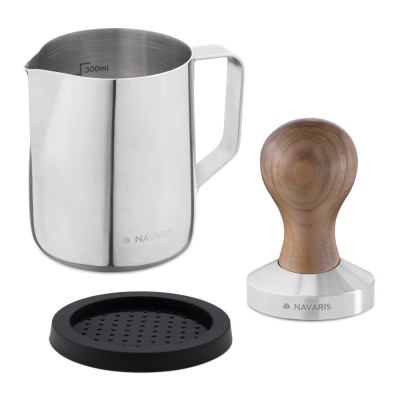 Set Latiera din inox si tamper cu maner din lemn de nuc Navaris, 51 mm, Covoras, 53238.01.02 foto