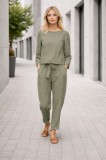 Women's Linen Look Short Top Tie-Up Pants Khaki Set