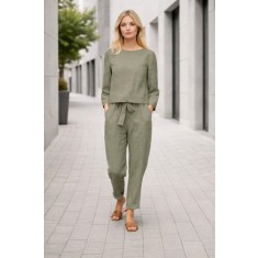 Women's Linen Look Short Top Tie-Up Pants Khaki Set